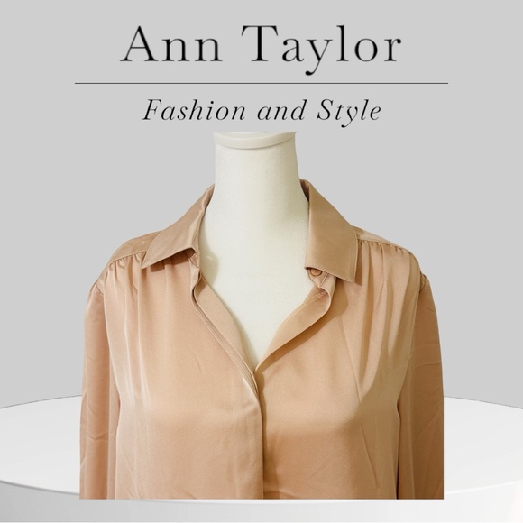 NEW Ann Taylor Tan Beige Long Sleeve Satin Button Blouse Sz Small - Picture 1 of 8